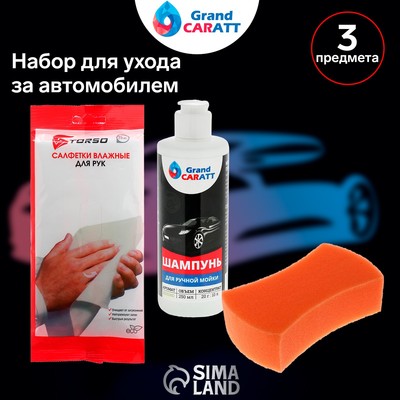 Набор для ухода за авто, 3 предмета: шампунь ручной 250 мл, губка, салфетки для рук