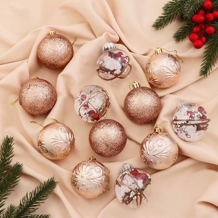 Ёлочные игрушки «Зимушка», шары новогодние, набор 12 шт., d=6 см, золотистый - Фото 1