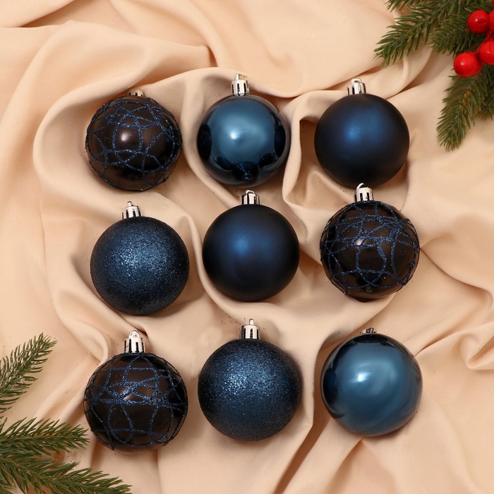 Ёлочные игрушки «Авива», шары новогодние, d=6 см, набор 9 шт., синий - Фото 1