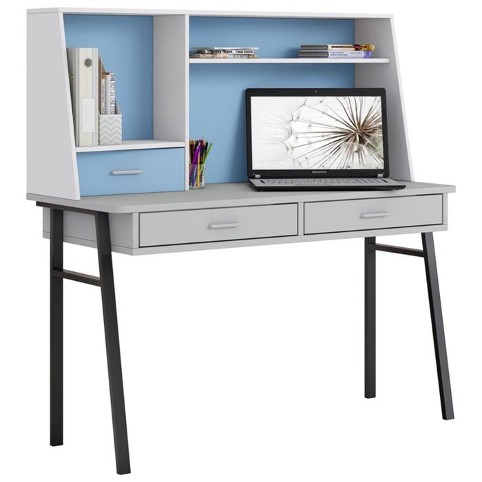 Стол письменный Polini kids Aviv 1455 с надстройкой и ящиками, цвет серый/белый-голубой - Фото 1