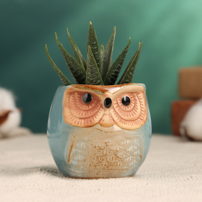 Горшок для цветов «Сова Ава» керамический, 100 мл, 6.5×6.5×6 см, голубой