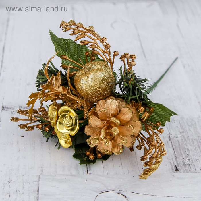 Декор "Новогоднее чудо" веточка с шишкой, яблочком и цветами 20 см - Фото 1