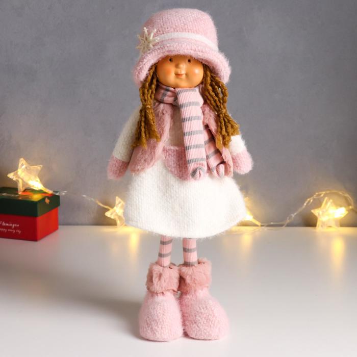 Кукла интерьерная "Малышка с хвостиками, в вязаном бело-розовом наряде и шляпке" 36,5 см - Фото 1