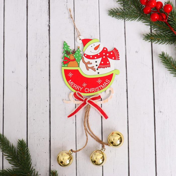 Ёлочная игрушка «Сани с шариками» снеговик, 10×23 см - Фото 1