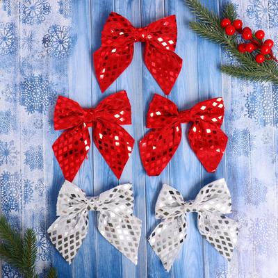Украшение ёлочное "Бант люкс" (набор 5 шт) 11,5х13 см, красный, серебро