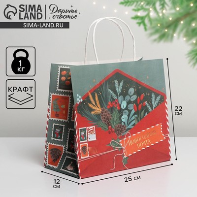 Пакет подарочный новогодний крафтовый «Новогодняя почта», 25×22×12 см