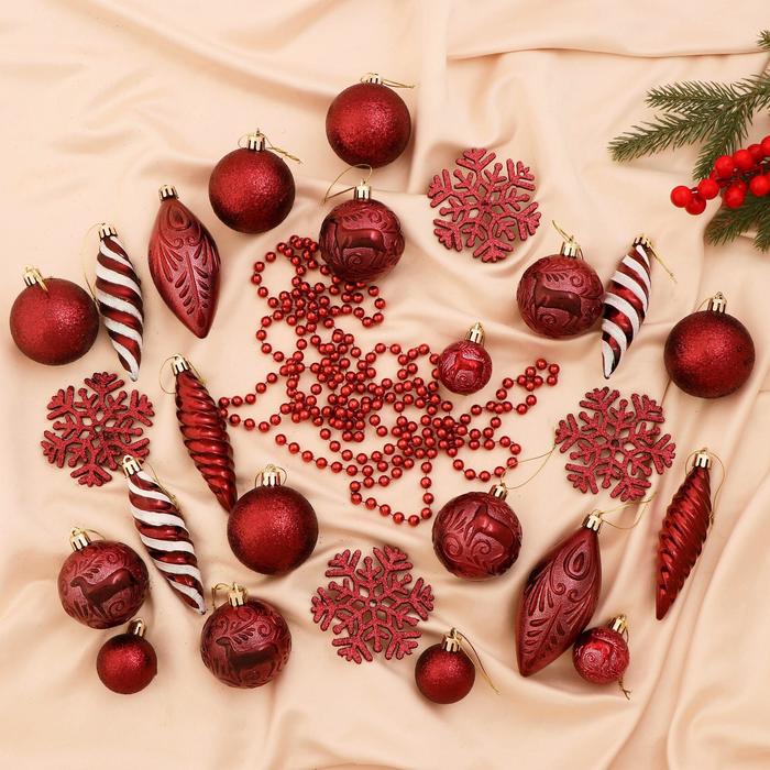 Ёлочные игрушки «Чудесный день», новогодние, набор 27 шт., красный - Фото 1