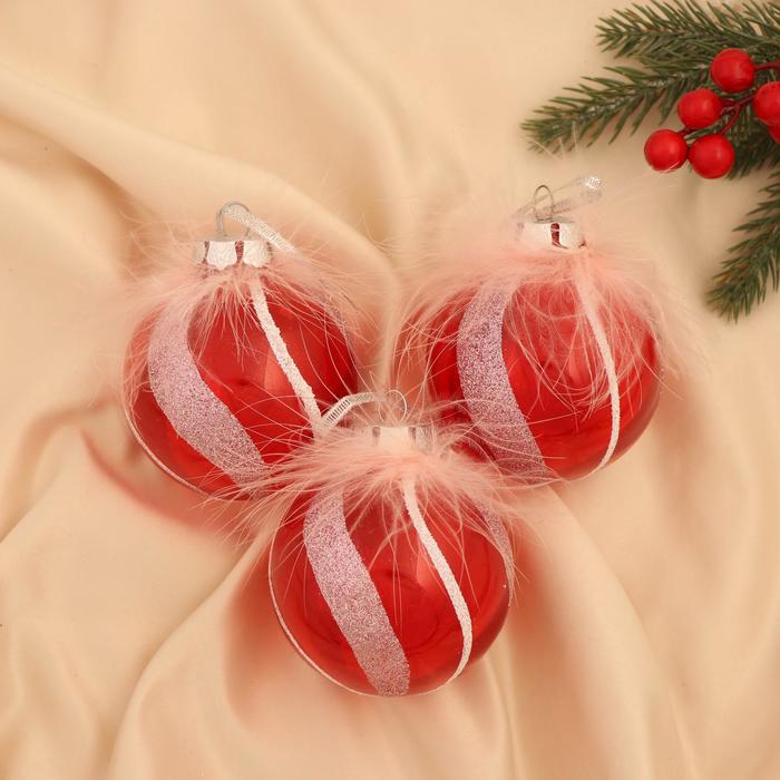 Набор шаров пластик d-8 см, 3 шт "Галатея волны" красно-белый - Фото 1