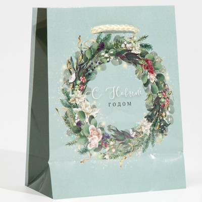 Пакет подарочный новогодний ламинированный «Новогодний венок», S 11,5 х 14,5 х 5,5 см