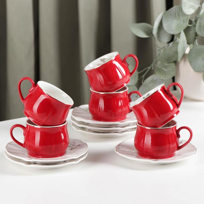 Сервиз керамический кофейный «Шишечки», 12 предметов: 6 чашек 90 мл, 6 блюдец d=12 см, цвет красный