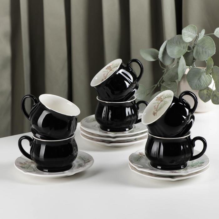 Сервиз керамический чайный «Шишечки», 12 предметов: чашка 200 мл, блюдце d=14,5 см, цвет чёрный