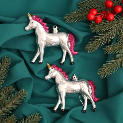 Ёлочные игрушки 2 шт. «Зимнее волшебство. Сказочные единороги» пластик, 9×9 см, серебро