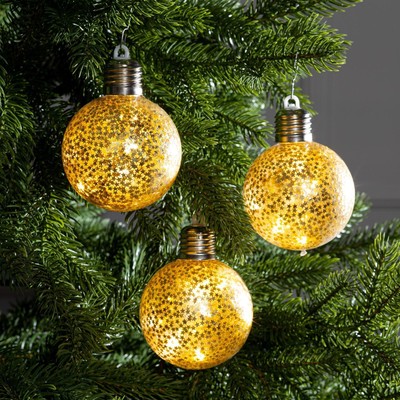 Набор ёлочных шаров «Звёздочки золотые» 3 шт., батарейки, 5 LED, свечение тёплое белое, УЦЕНКА