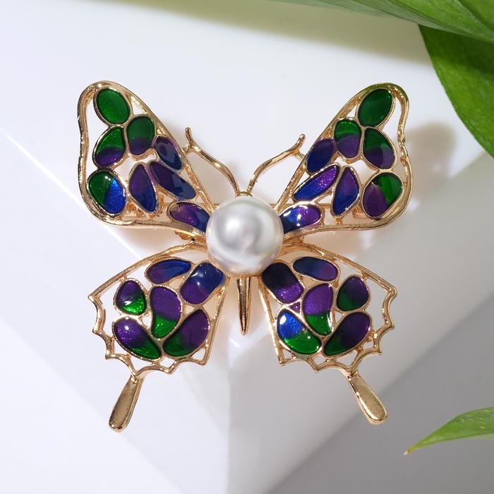 Брошь «Бабочка» бусинка, цветная в золоте - Фото 1