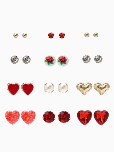Серьги пусеты QF «Романтика», 12 пар, сердечки, цветные в золоте