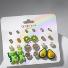 Набор серьги 12 пар «Вкусняшки» динозаврик и авокадо, цветные в золоте - Фото 2