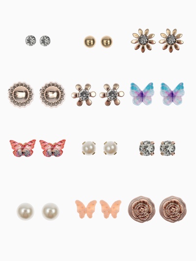 Серьги пусеты QF «Бабочки и цветочки», 12 пар, цветные в золоте