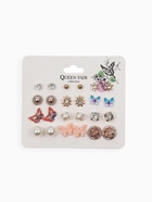 Серьги пусеты QF «Бабочки и цветочки», 12 пар, цветные в золоте - Фото 3