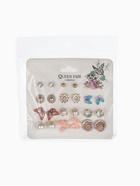 Серьги пусеты QF «Бабочки и цветочки», 12 пар, цветные в золоте 6970919