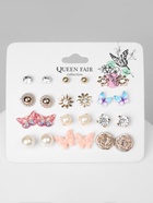 Серьги пусеты QF «Бабочки и цветочки», 12 пар, цветные в золоте 6970919