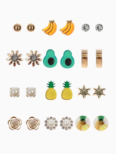 Серьги пусеты 12 пар «Вкусняшки» тропика, цветные в золоте