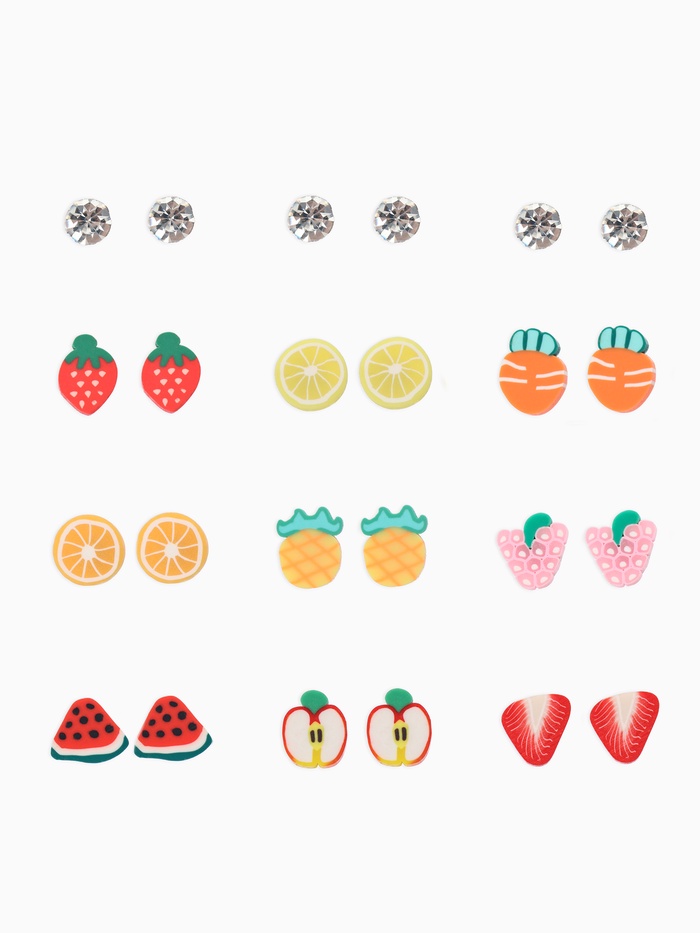 Серьги пусеты 12 пар «Вкусняшки» фруктики, цветные в серебре - Фото 1
