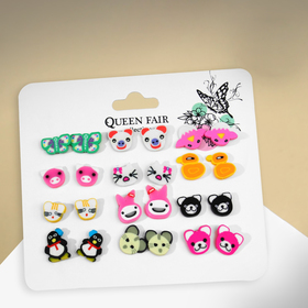 Набор серьги «Зверушки мультяшки», 12 пар, цветные