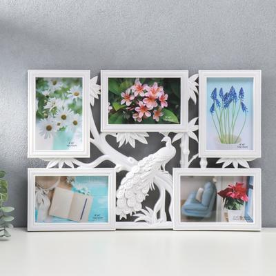 Фоторамка - коллаж на 5 фото 10×15 см «Павлин на дереве», белый, 32×46 см
