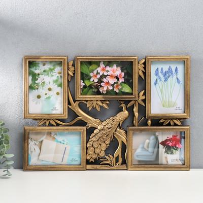 Фоторамка - коллаж на 5 фото 10×15 см «Павлин на дереве», т. золото, 32×46 см