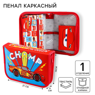 Пенал каркасный, 1 секция, 140×210×40 мм, откидной карман, тканевый, Тачки