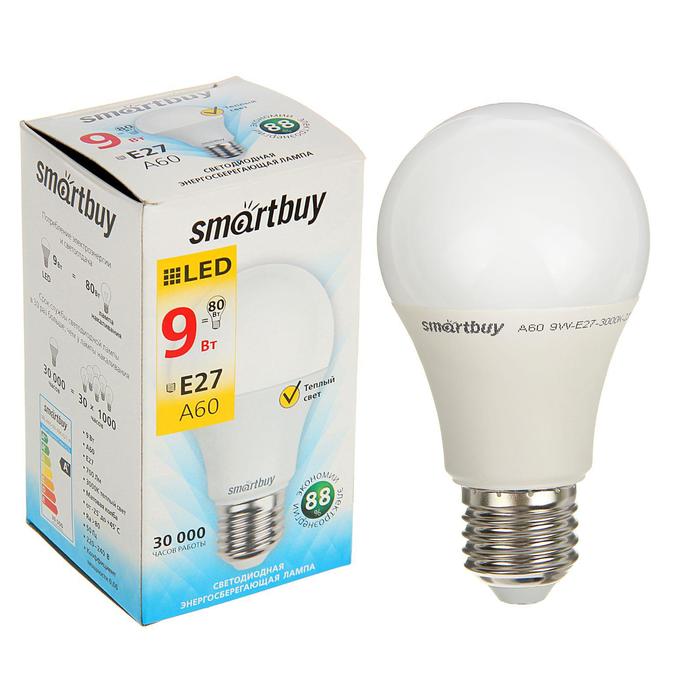 УЦЕНКА Лампа cветодиодная Smartbuy, A60, E27, 9 Вт, 3000 К, теплый белый свет - Фото 1