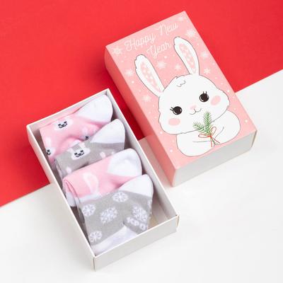 Набор новогодних носков для девочки Крошка Я «Зайчик», 4 пары, 12-14 см