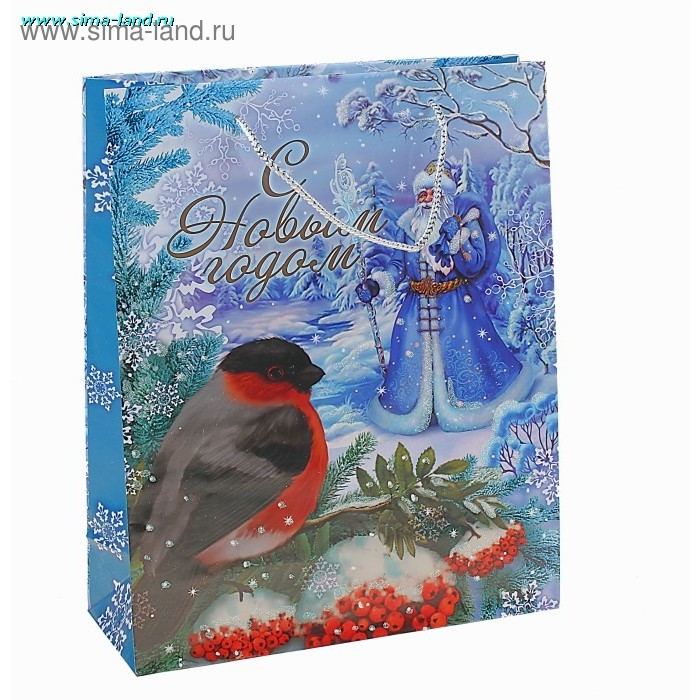 Пакет ламинированный НГ ML с блестками снегирь с дедом морозом - Фото 1
