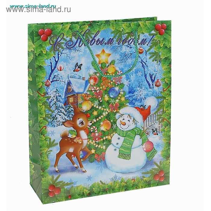 Пакет ламинированный НГ ML с блестками снеговик с олененком - Фото 1
