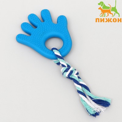 Игрушка жевательная с канатом для собак "Ладошка", 10 см, голубая