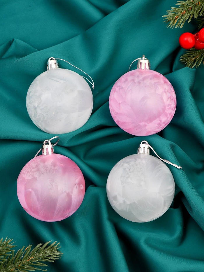 Ёлочные игрушки «Глэдис туман», шары новогодние, d=6 см, набор 4 шт., бело-розовый - Фото 1