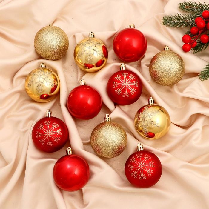 Ёлочные игрушки «Снежная феерия ассорти узоры», шары новогодние, d=6 см, набор 12 шт., золотисто-красный - Фото 1