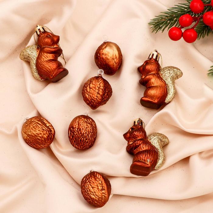Ёлочные игрушки 8 шт. «Зимнее волшебство. Белочки и орешки» пластик, коричневый - Фото 1