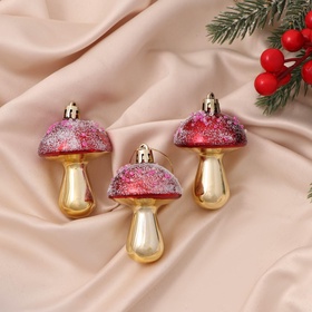 Ёлочные игрушки 3 шт. «Праздничные грибочки» 4.5?6 см, золотисто-красный (комплект 2 шт)