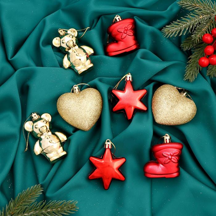 Ёлочные игрушки 8 шт. «Зимнее волшебство. Ассорти» пластик, золото/красный - Фото 1