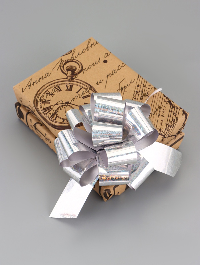 Подарочный бант - шар №3 голография, цвет серебро, для упаковки подарков - Фото 1