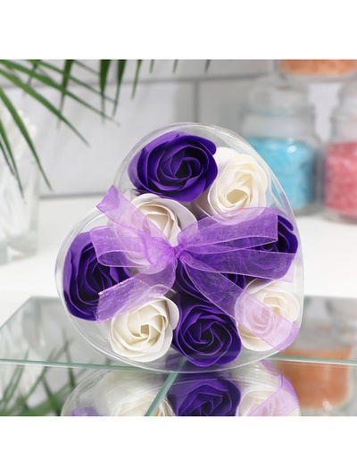 Мыльные розы, фиолетовые и белые, набор 9 шт., в коробке