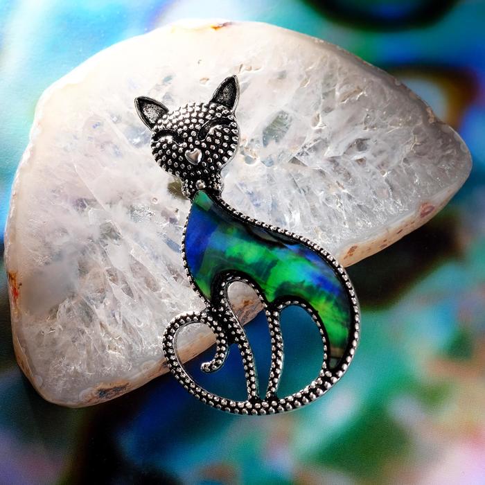 Брошь «Галиотис» кошка грациозная, зелёная в чернёном серебре - Фото 1