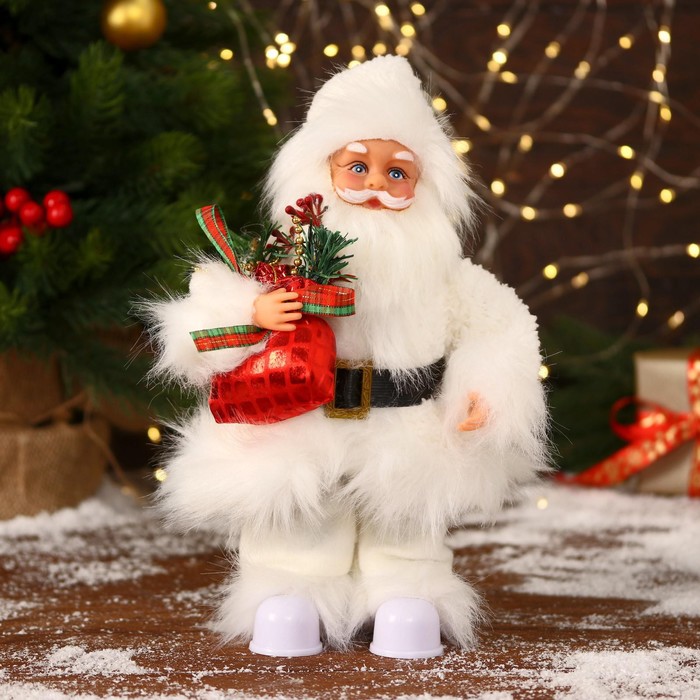 Дед Мороз "В меховом белом костюмчике, с мешком" двигается, 11х30 см - фото 1908750219