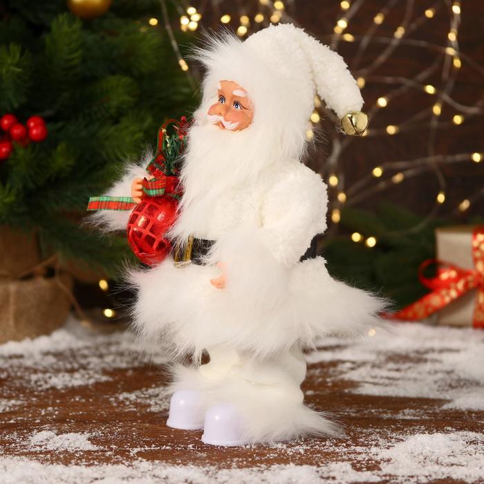 Дед Мороз "В меховом белом костюмчике, с мешком" двигается, 11х30 см - фото 1908750220