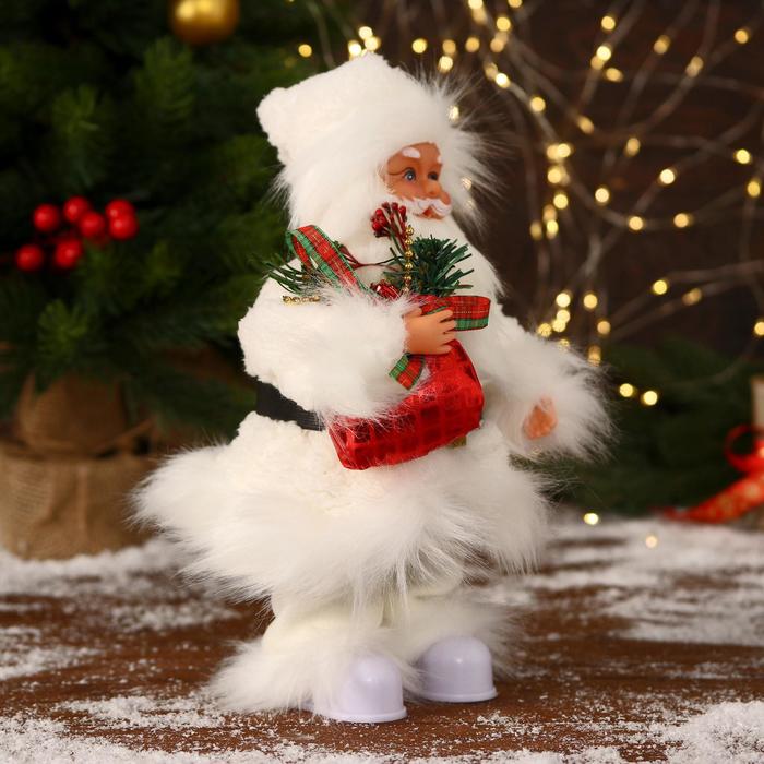Дед Мороз "В меховом белом костюмчике, с мешком" двигается, 11х30 см - фото 1908750222
