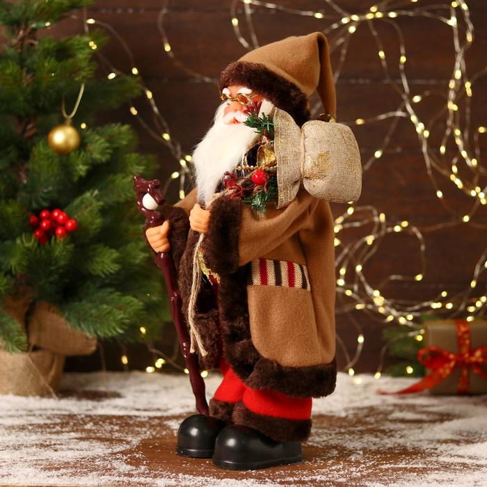 Дед Мороз "В коричневой шубке, с посохом" двигается, 20х40 см - фото 1908750228