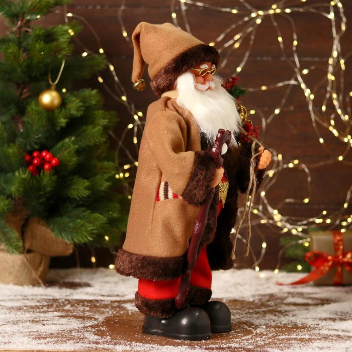 Дед Мороз "В коричневой шубке, с посохом" двигается, 20х40 см - фото 1908750230
