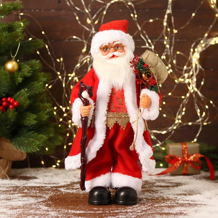 Дед Мороз "В красном костюмчике с орнаментом, с посохом" двигается, 20х40 см - фото 1908750231