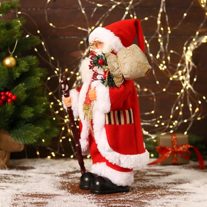 Дед Мороз "В красном костюмчике с орнаментом, с посохом" двигается, 20х40 см - фото 1908750232